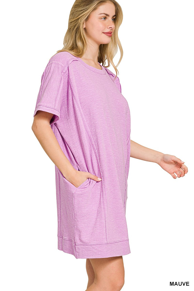 Washed Slub Mini Dress with Pockets - Mauve