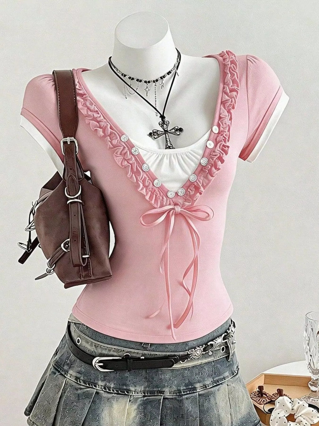 Pink Frill Trim Bow Detail Cap Sleeve Slim Fit T-Shirt