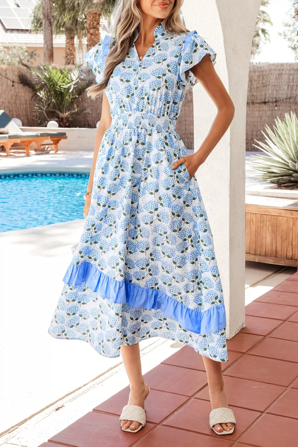 Blue Hydrangea Floral Print Flutter Sleeve Midi Ruffle Dress