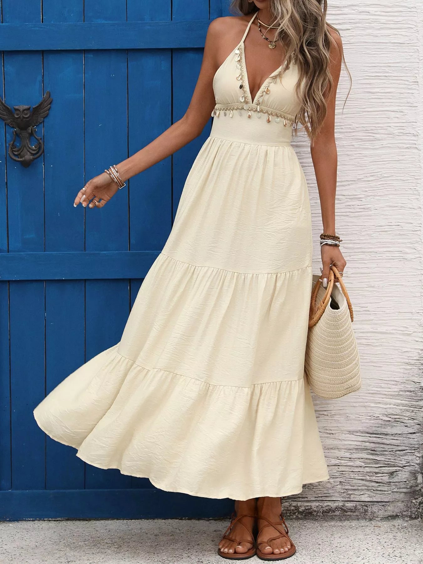 Beige Halter Neck Tiered Maxi Dress with Shell Detail