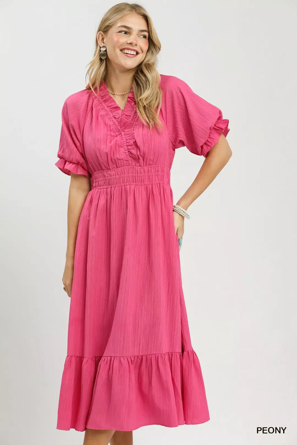 Peony Ruffle V-Neck Midi Dress with Pockets