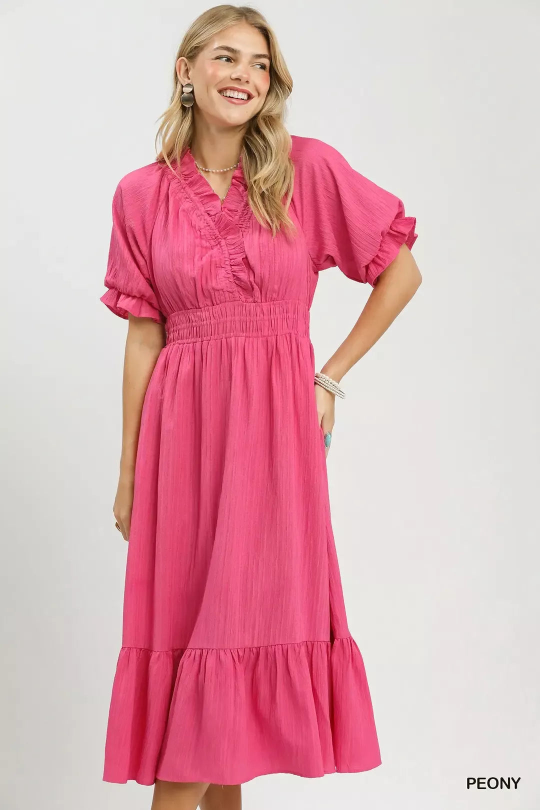 Peony Ruffle V-Neck Midi Dress with Pockets