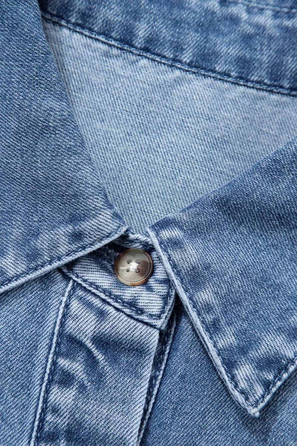 Blue Denim Puff Sleeve Shirt with Collared Button Down Front