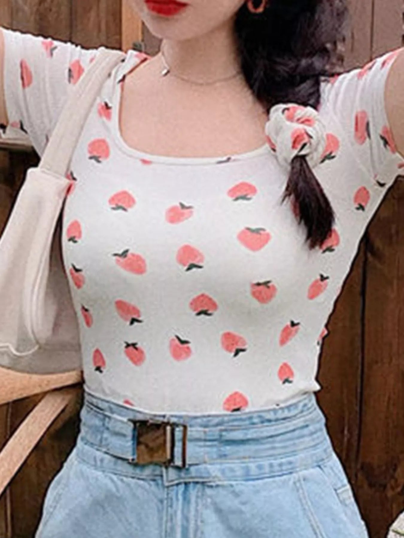 Fruit Print Square Neck Slim Fit T-Shirt