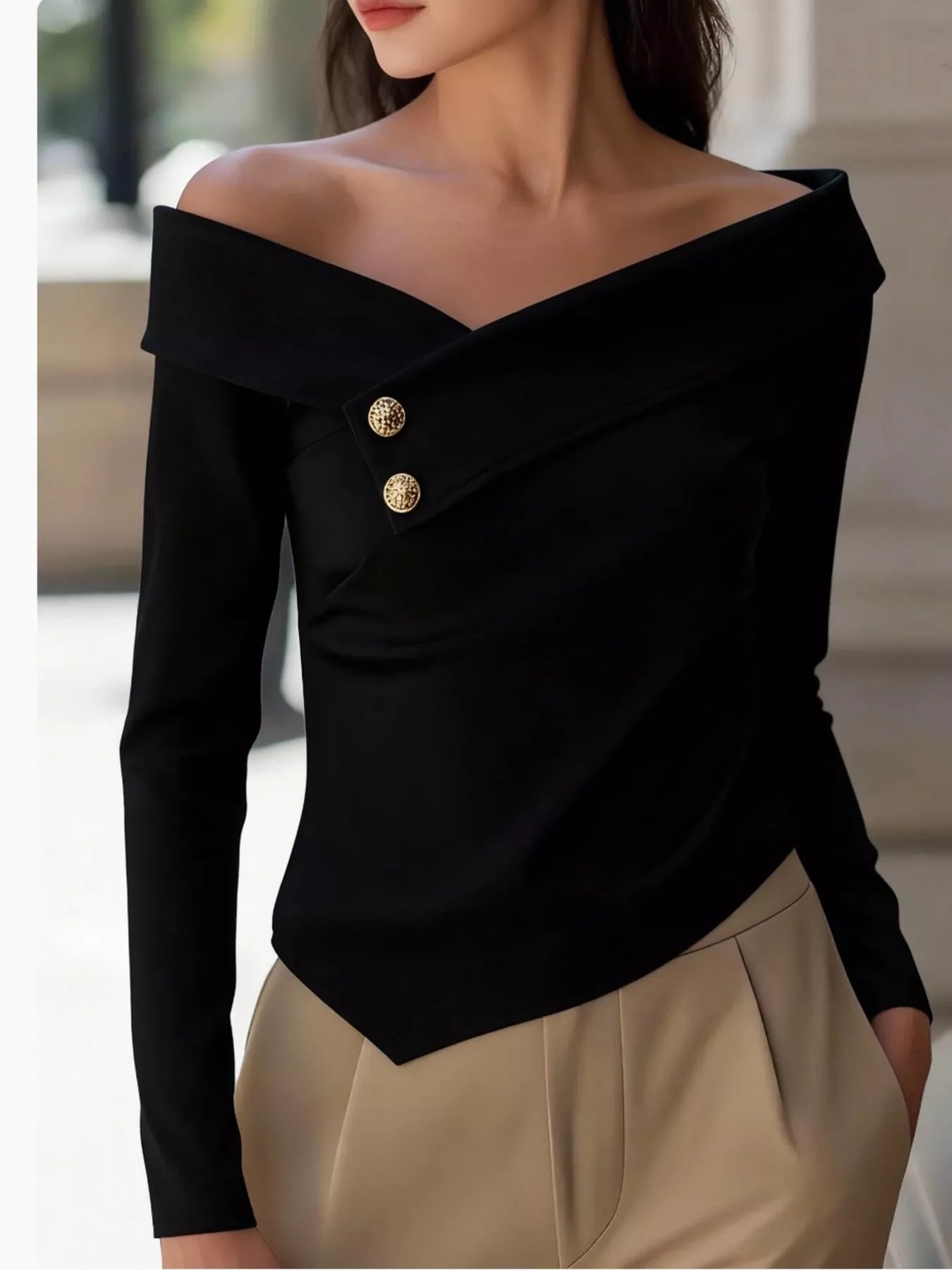 White Off-Shoulder Long Sleeve Blouse with Button Detail