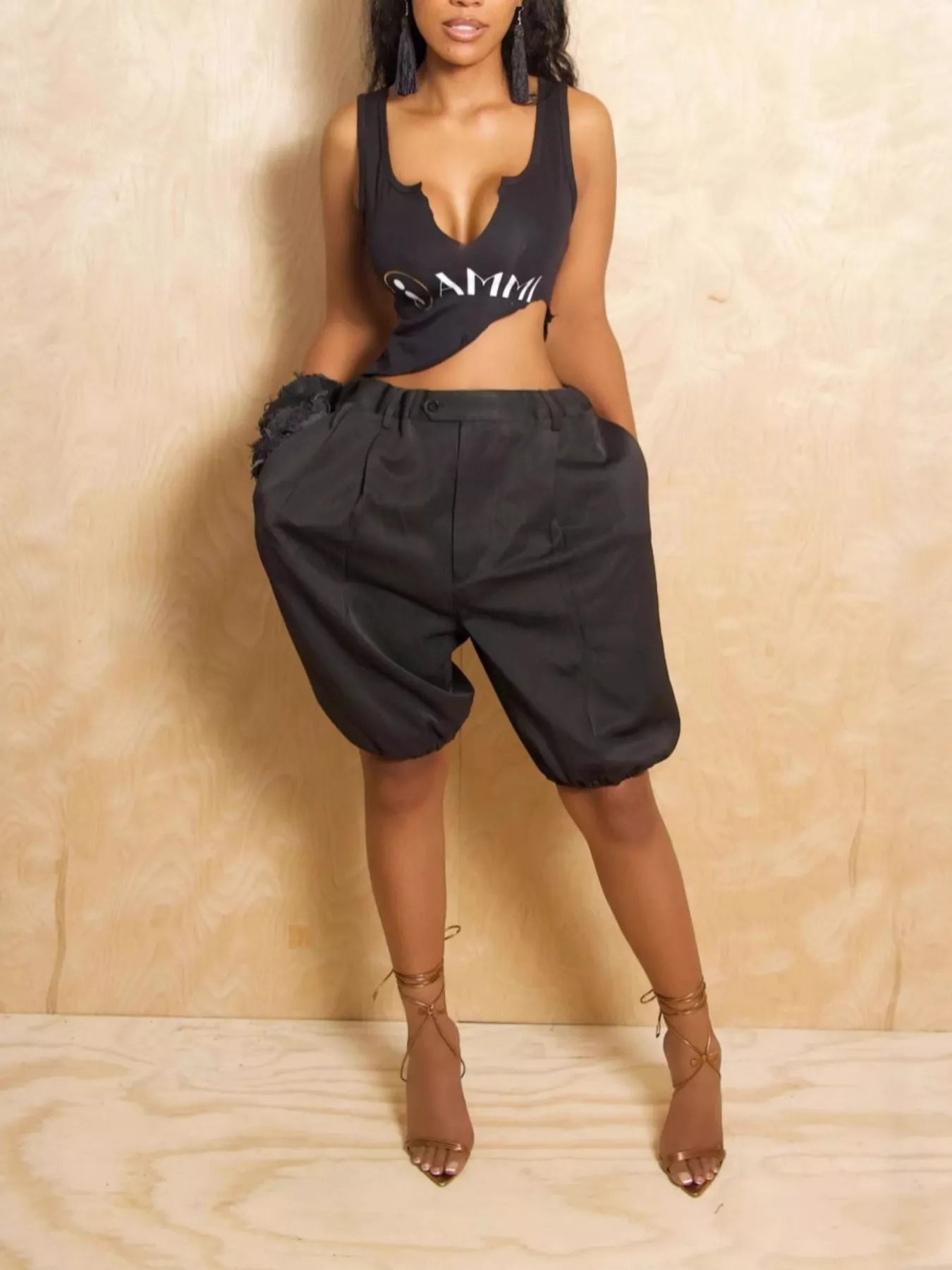 High Waist Pleated Khaki Shorts with Bubble Hem Detail