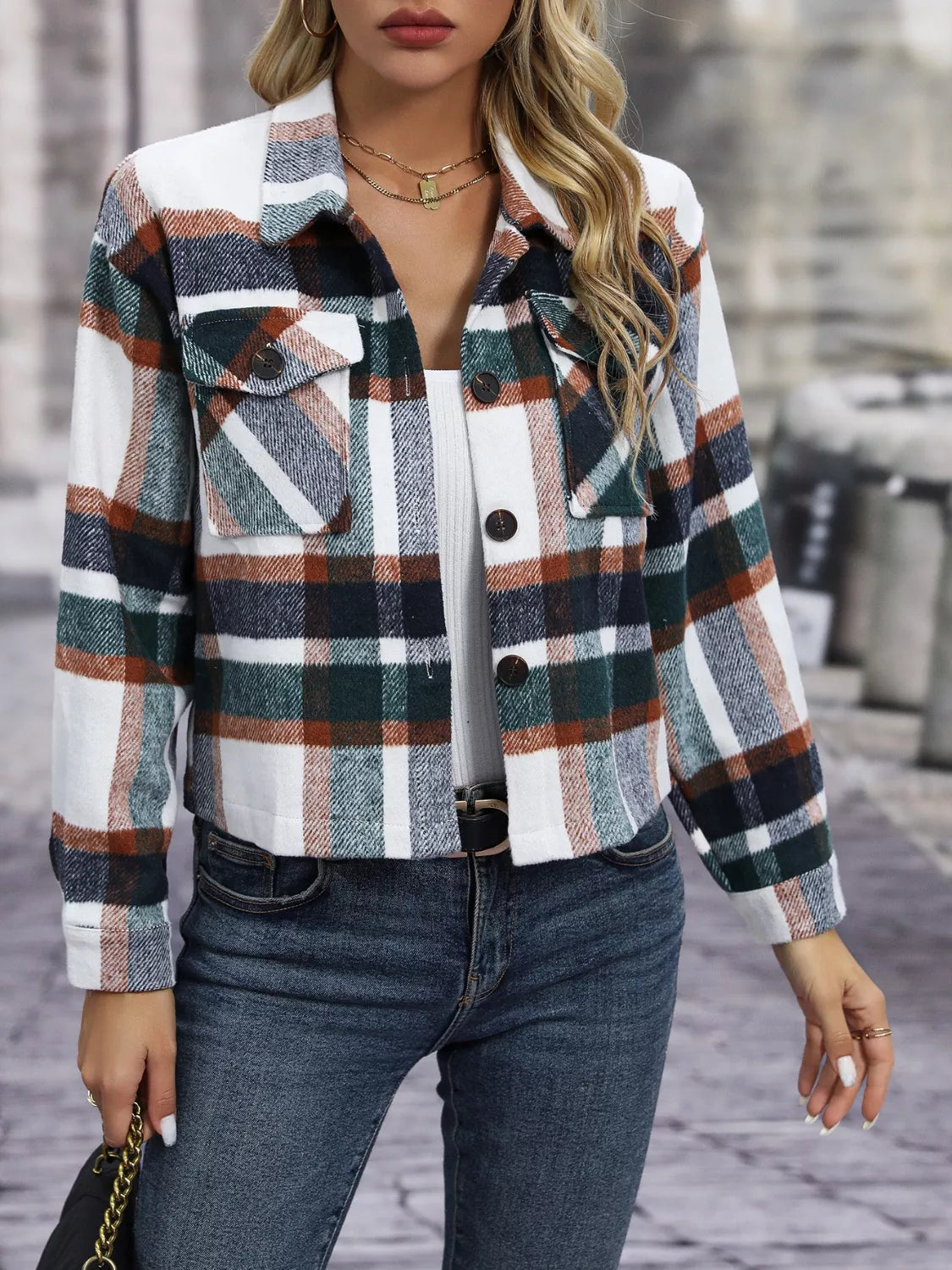 Women's Plaid Button-Up Shacket Casual Long Sleeve Jacket