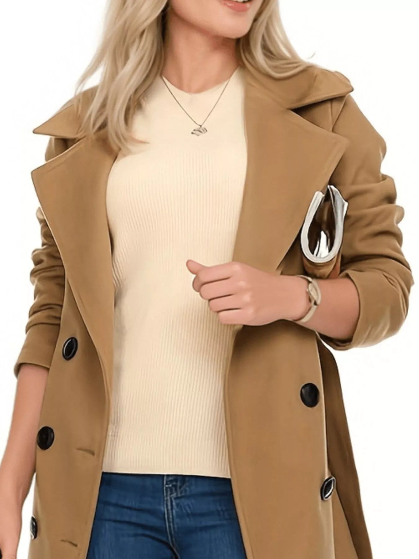 Women's Olive Double Breasted Belted Coat with Long Sleeves