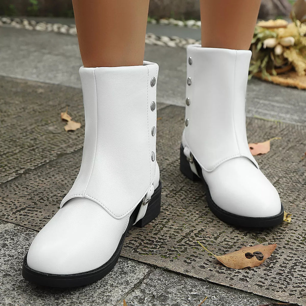 Women's Round Toe White Block Heel Boots with Buckle Detail