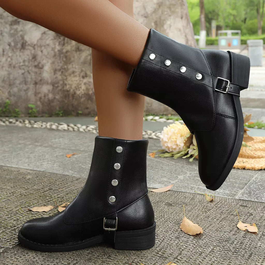 Women's Round Toe White Block Heel Boots with Buckle Detail