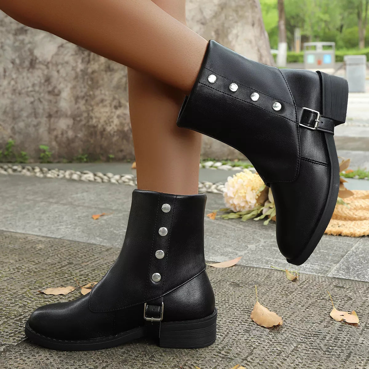 Women's Round Toe White Block Heel Boots with Buckle Detail
