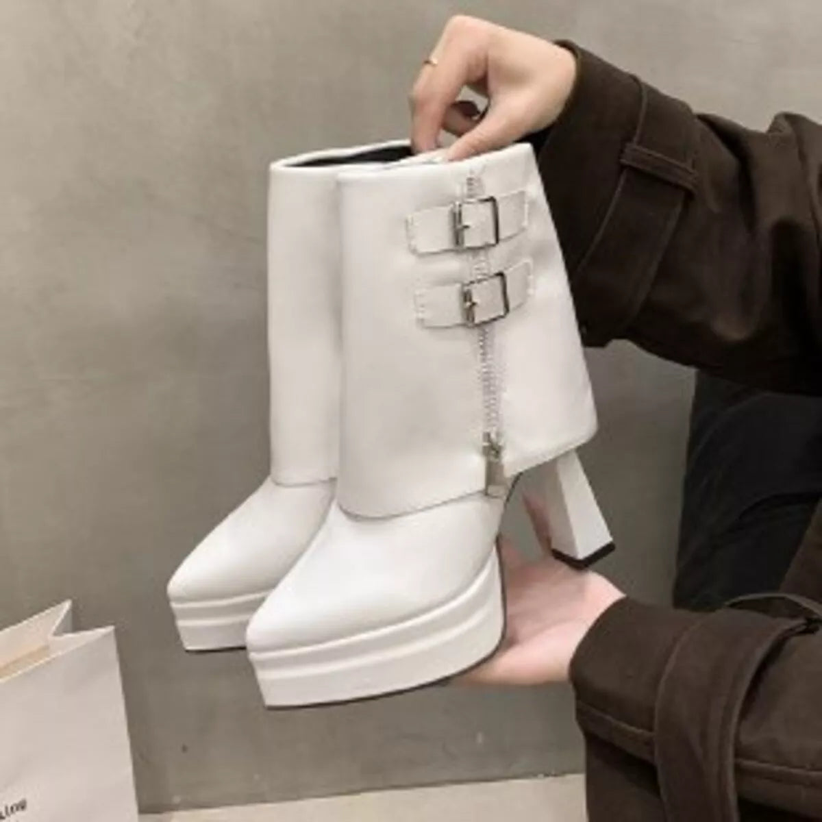 White Point Toe Platform Block Heel Ankle Boots