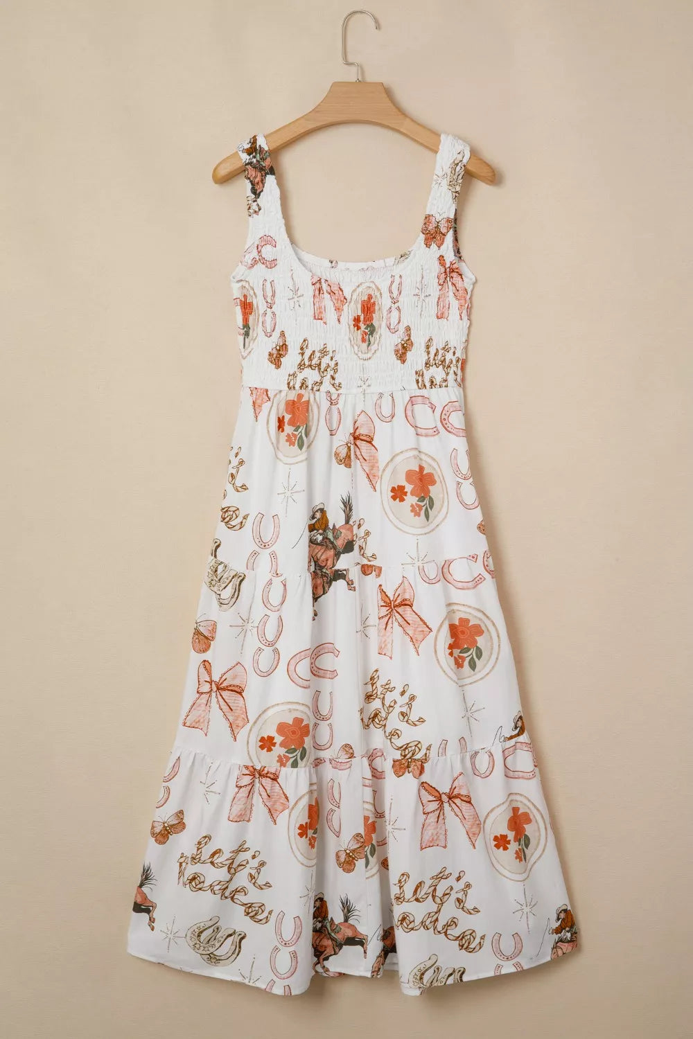Western Horseshoe Print Smocked Sleeveless Midi Dress White