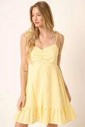 Yellow Cotton Ruched Spaghetti Tie Mini Dress Summer Casual