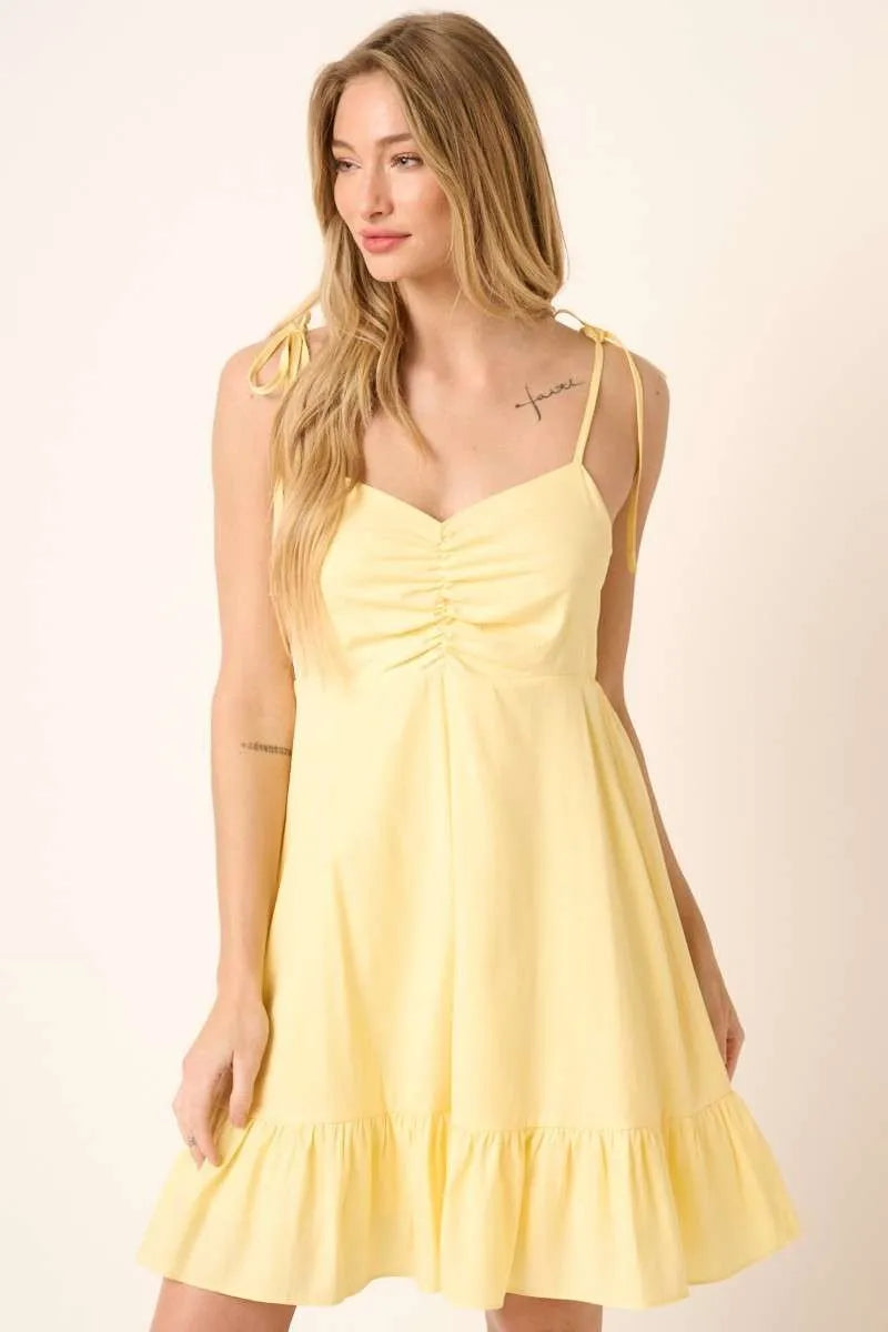 Yellow Cotton Ruched Spaghetti Tie Mini Dress Summer Casual