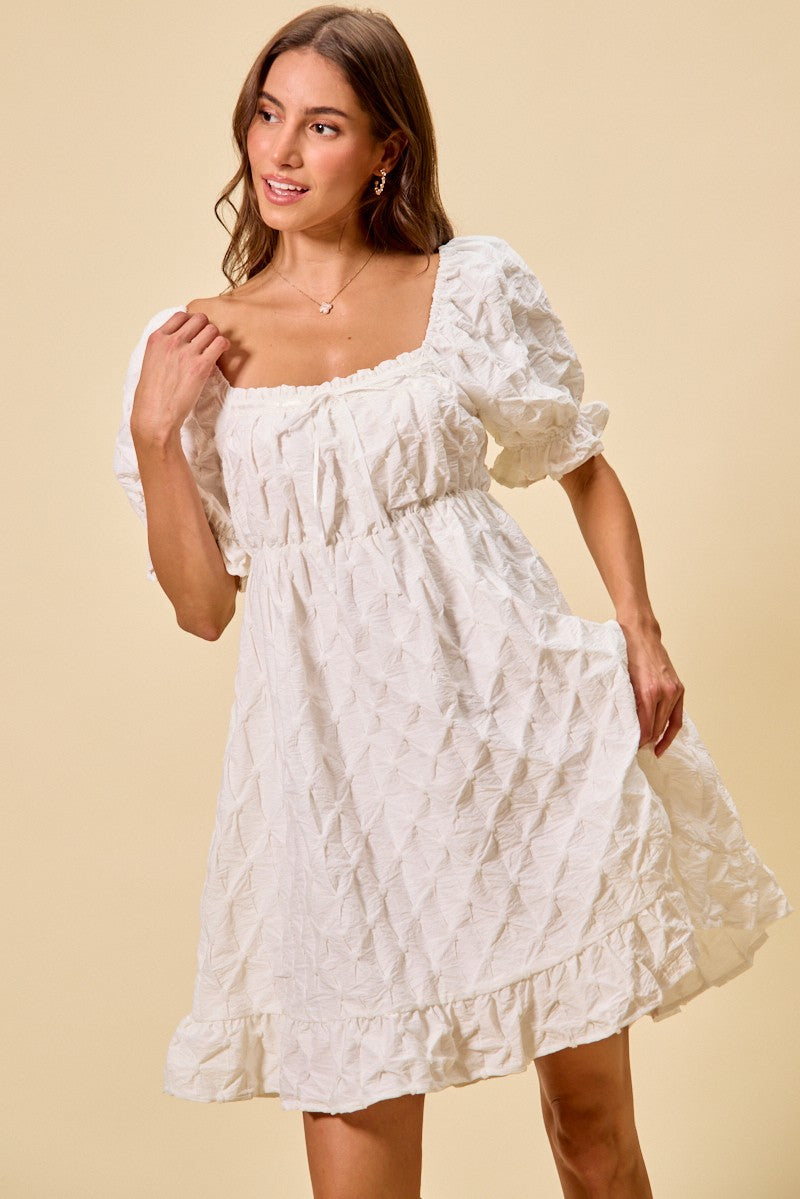 White Ruched Square Neck Mini Dress