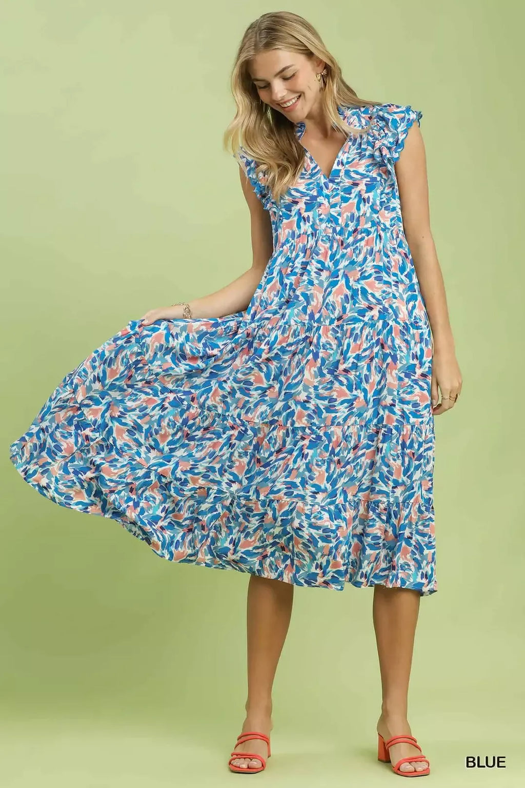 Blue Leaf Print Tiered Midi Dress with Ruffle Sleeves