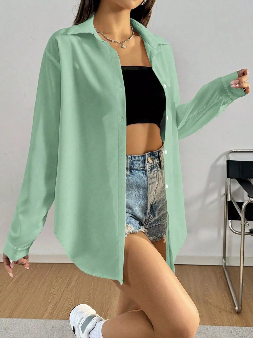 Women's White Long Sleeve Button Up Shirt Casual Oversized Top