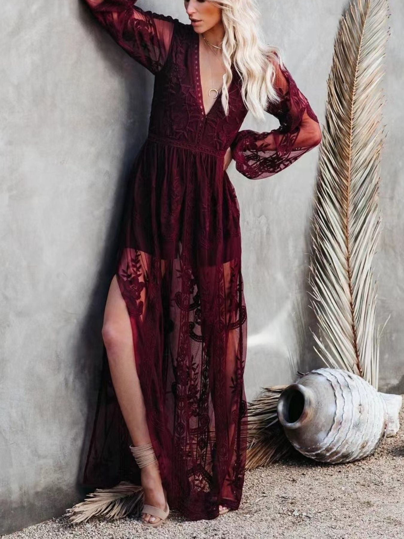 Floral Lace Slit Maxi Dress