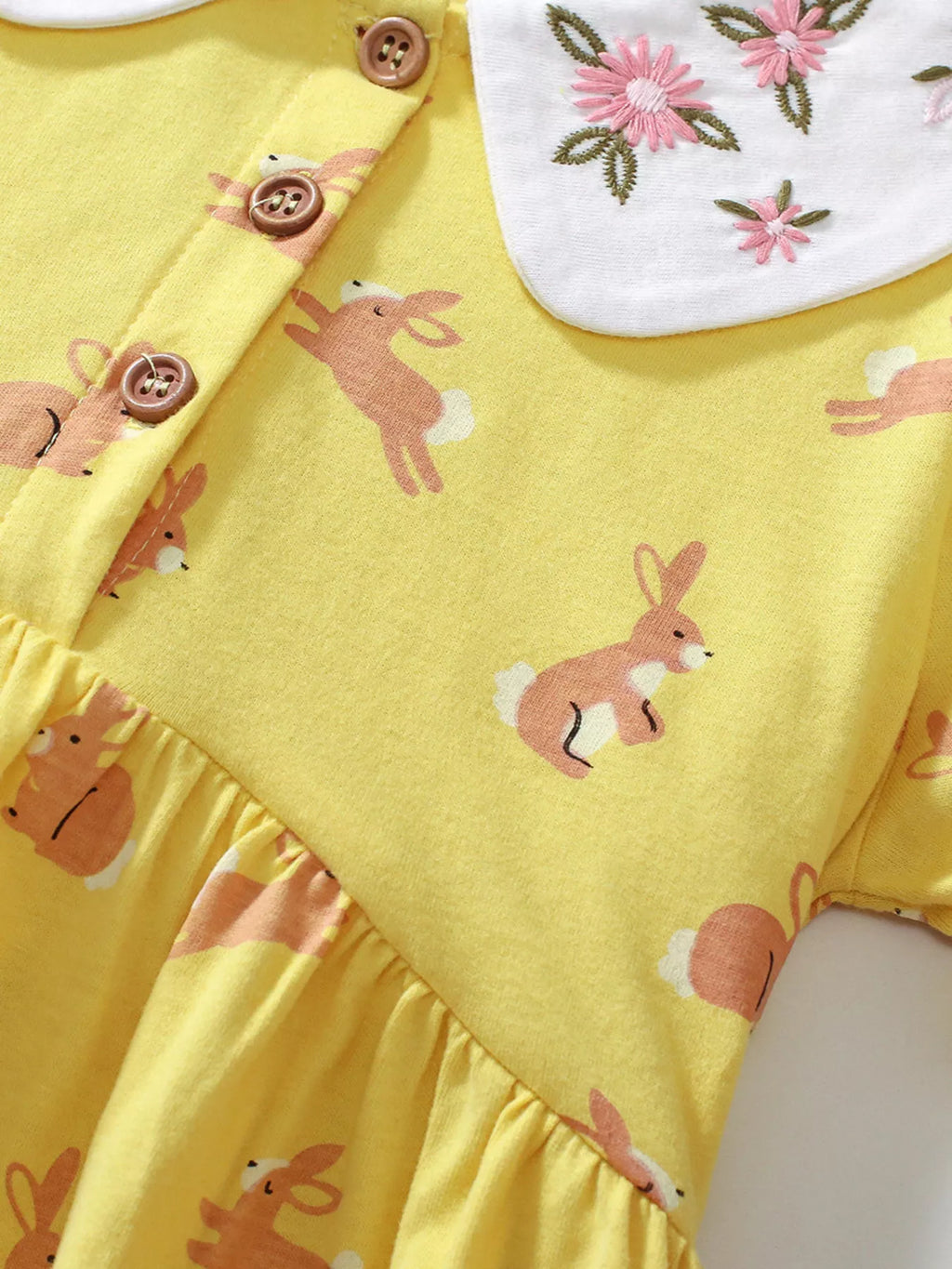 Yellow Bunny Print Peter Pan Collar Cotton Dress for Girls
