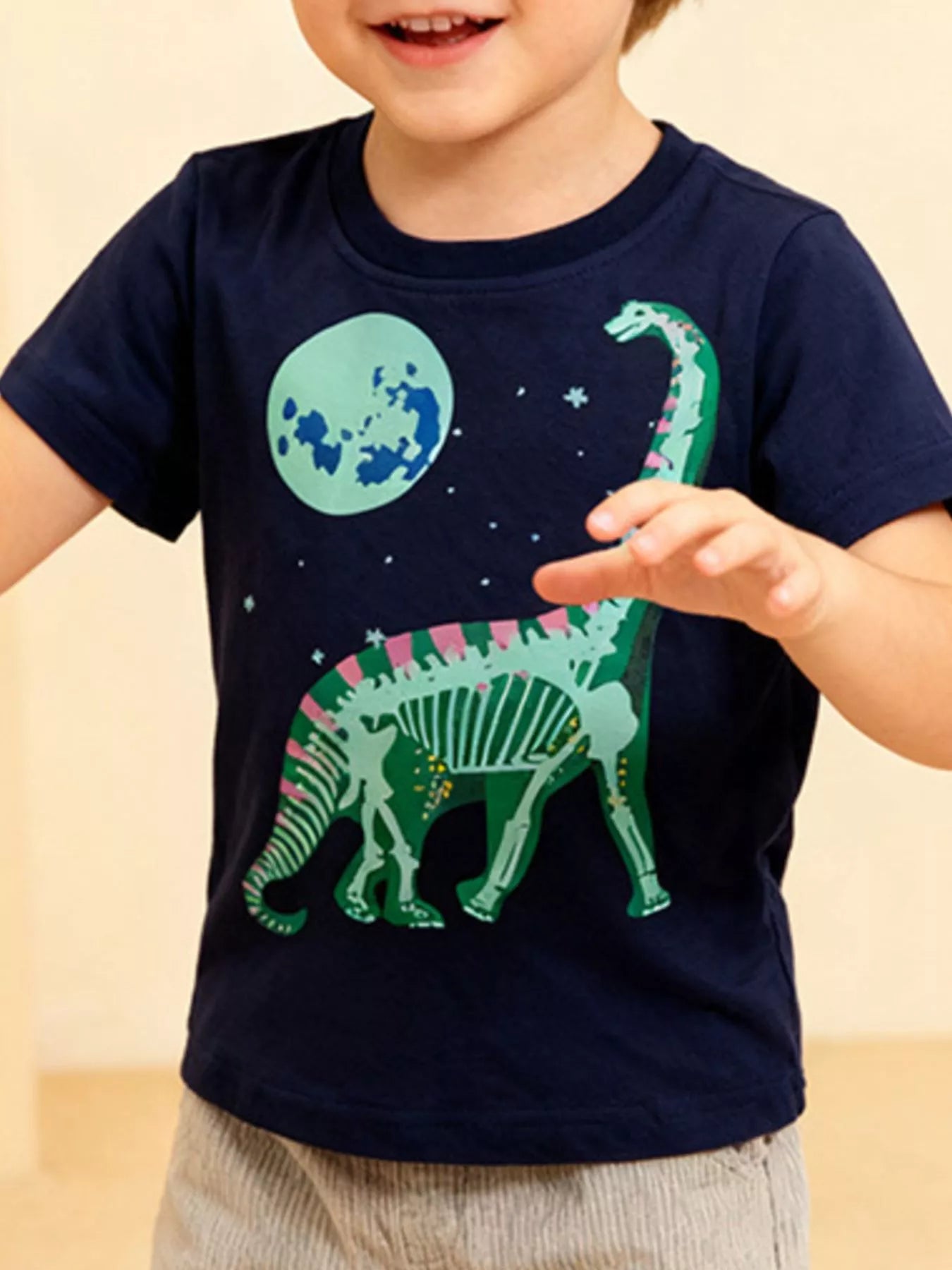Boys Navy Blue Dinosaur Graphic Crew Neck Cotton T-Shirt