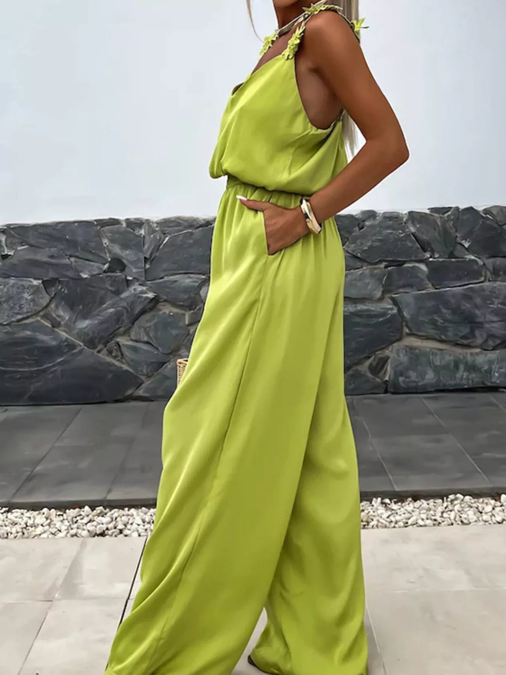 Red Floral Applique V-Neck Sleeveless Wide Leg Jumpsuit