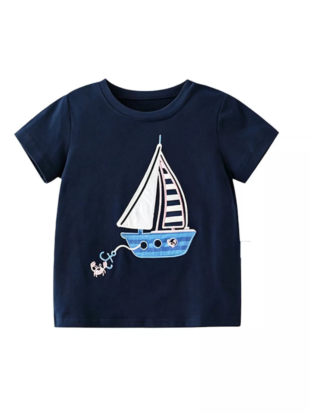 Boys Navy Blue Cotton Sailboat Graphic Round Neck T-Shirt