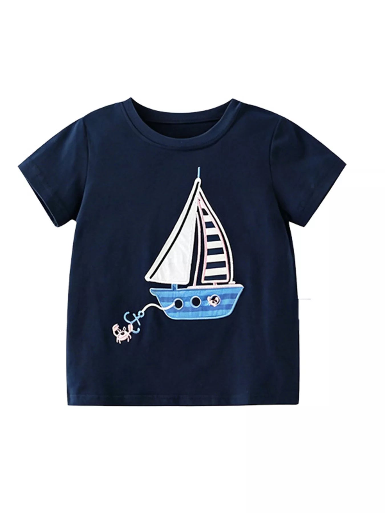 Boys Navy Blue Cotton Sailboat Graphic Round Neck T-Shirt