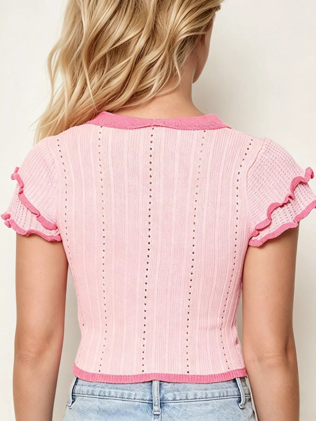 Pink Ribbed Knit Peter Pan Collar Crop Top with Frill Sleeves