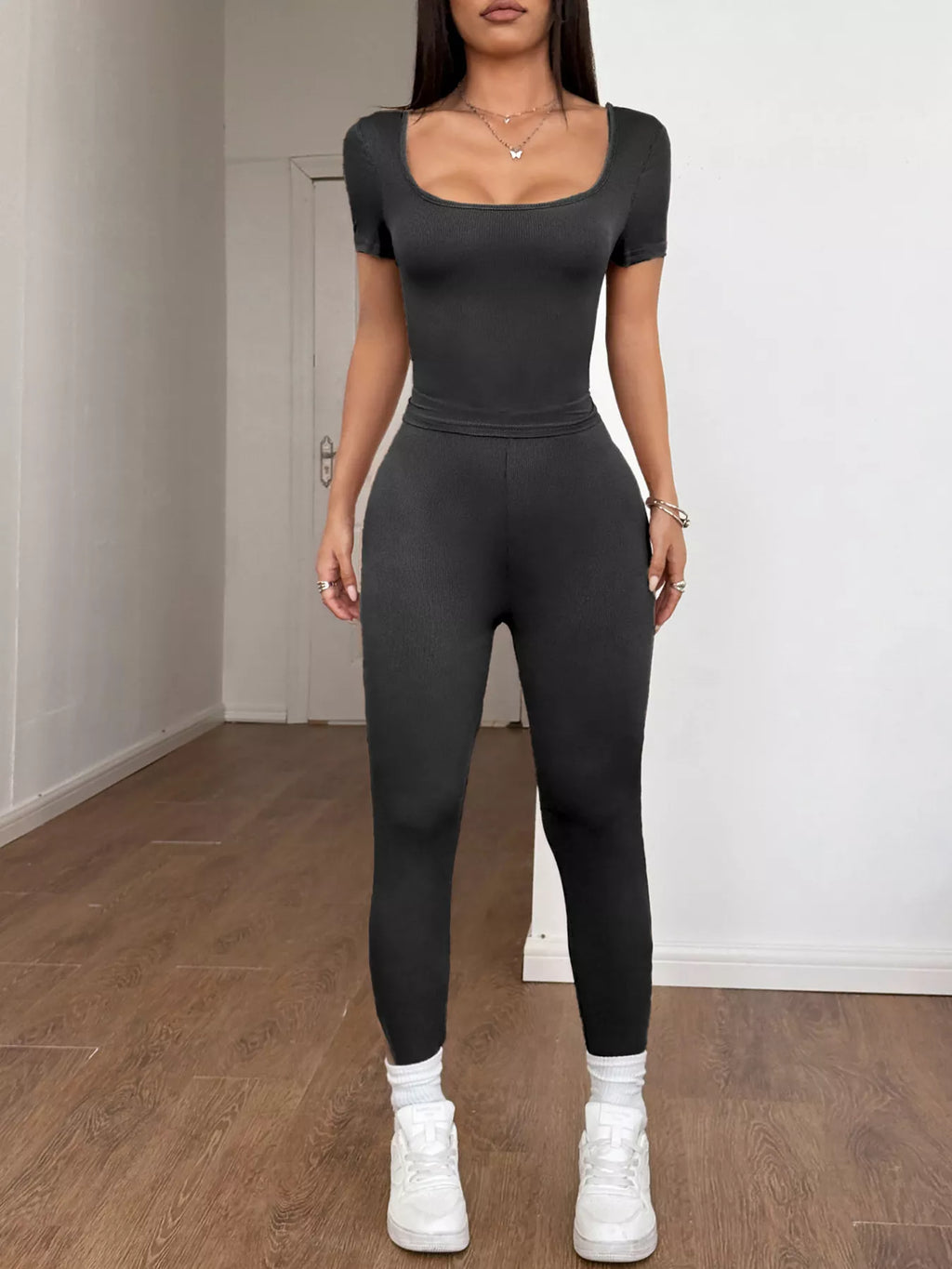 Women's Black Ribbed Short Sleeve Top & Leggings Lounge Set