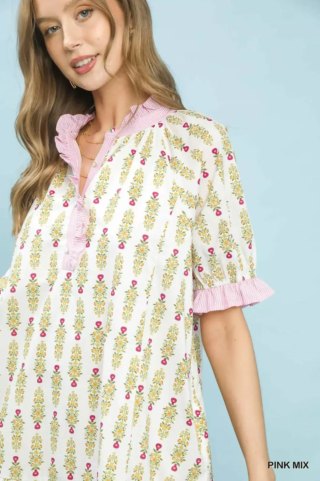 Floral Print Mini Dress with Striped Trim and Ruffle Details
