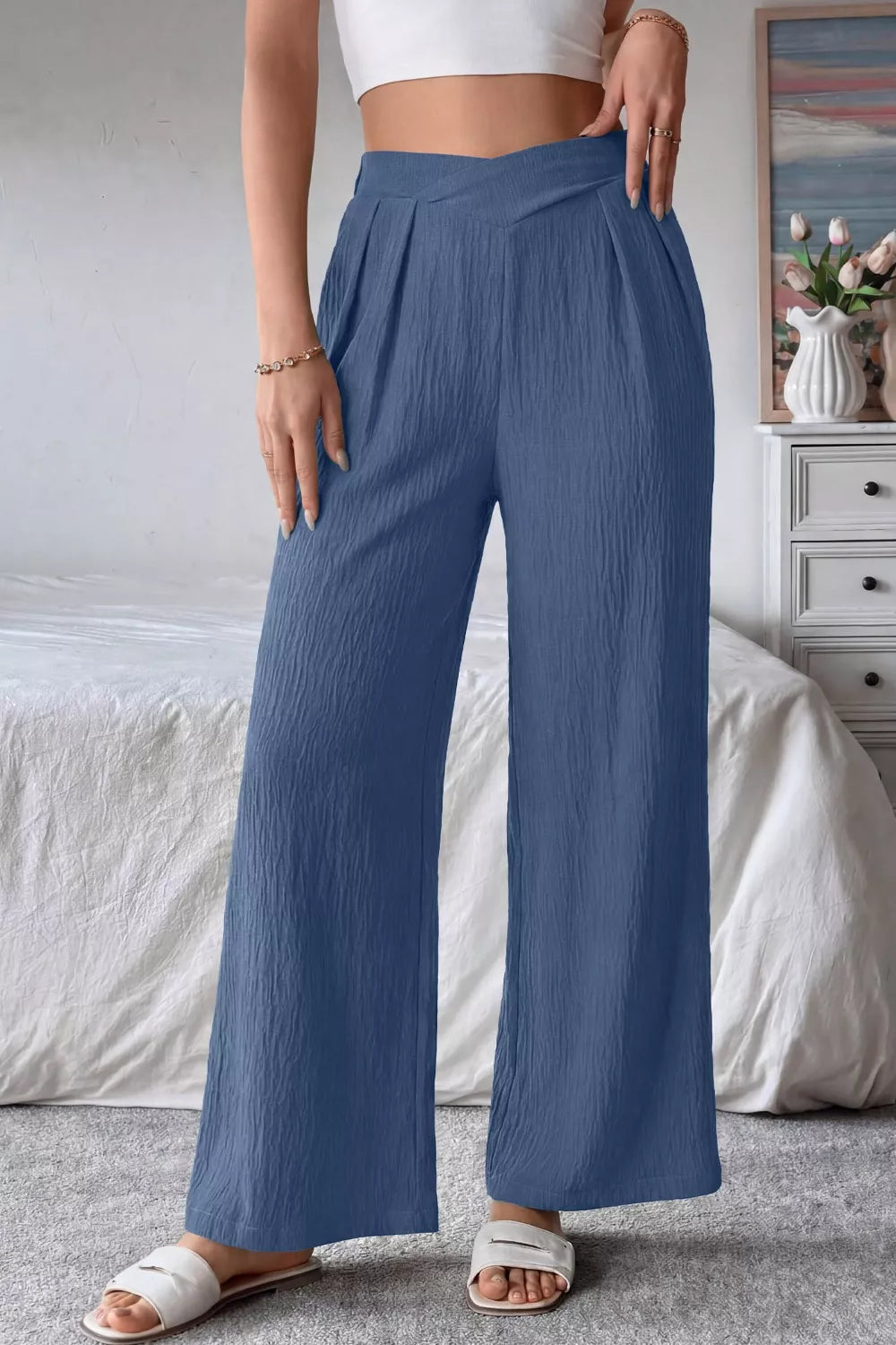 Blue Textured High Waist Wide Leg Pants with Pockets