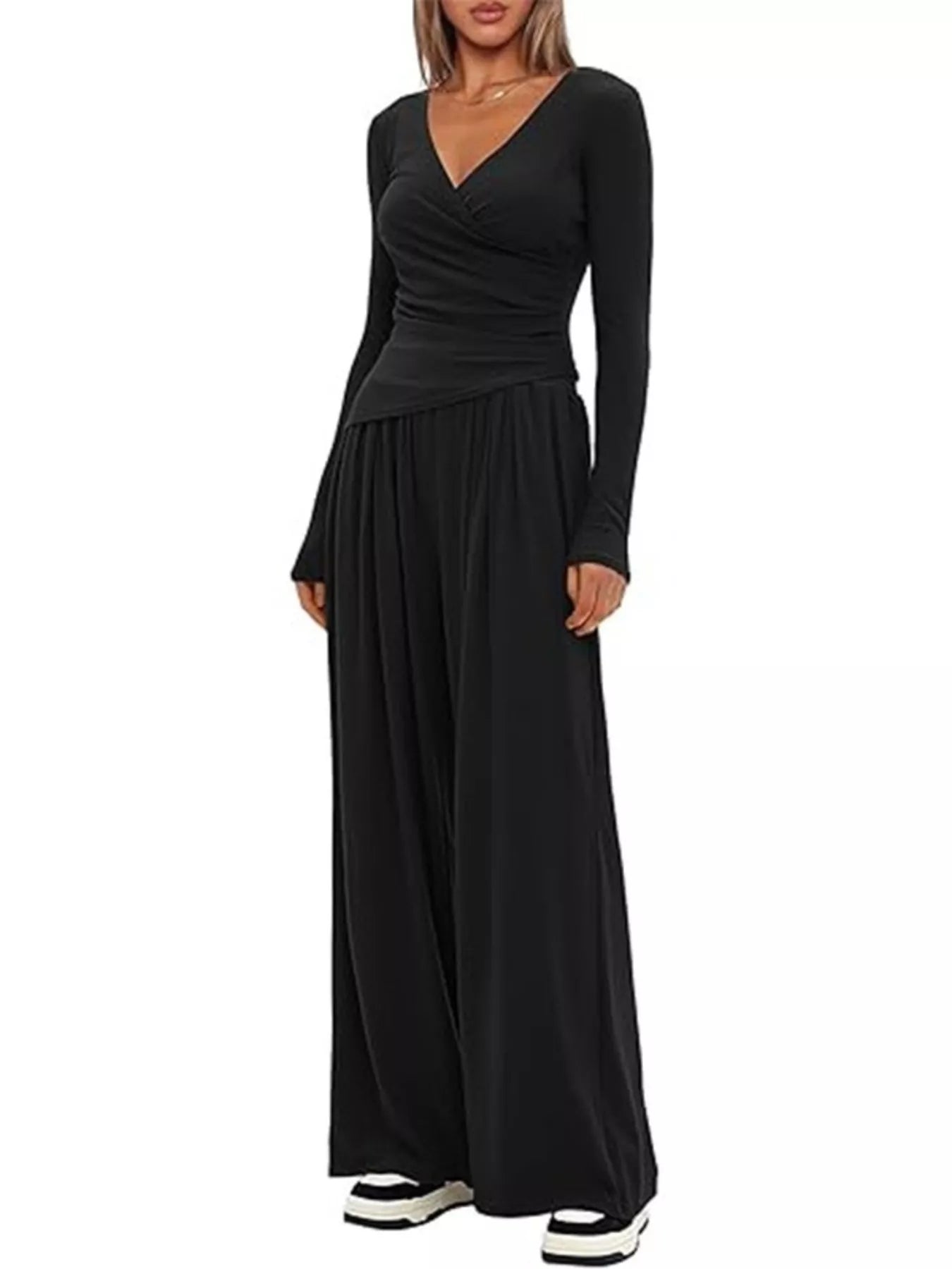 Women's Casual Long Sleeve V-Neck Top and Wide Leg Pants Lounge Set