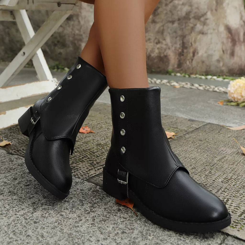 Women's Round Toe White Block Heel Boots with Buckle Detail