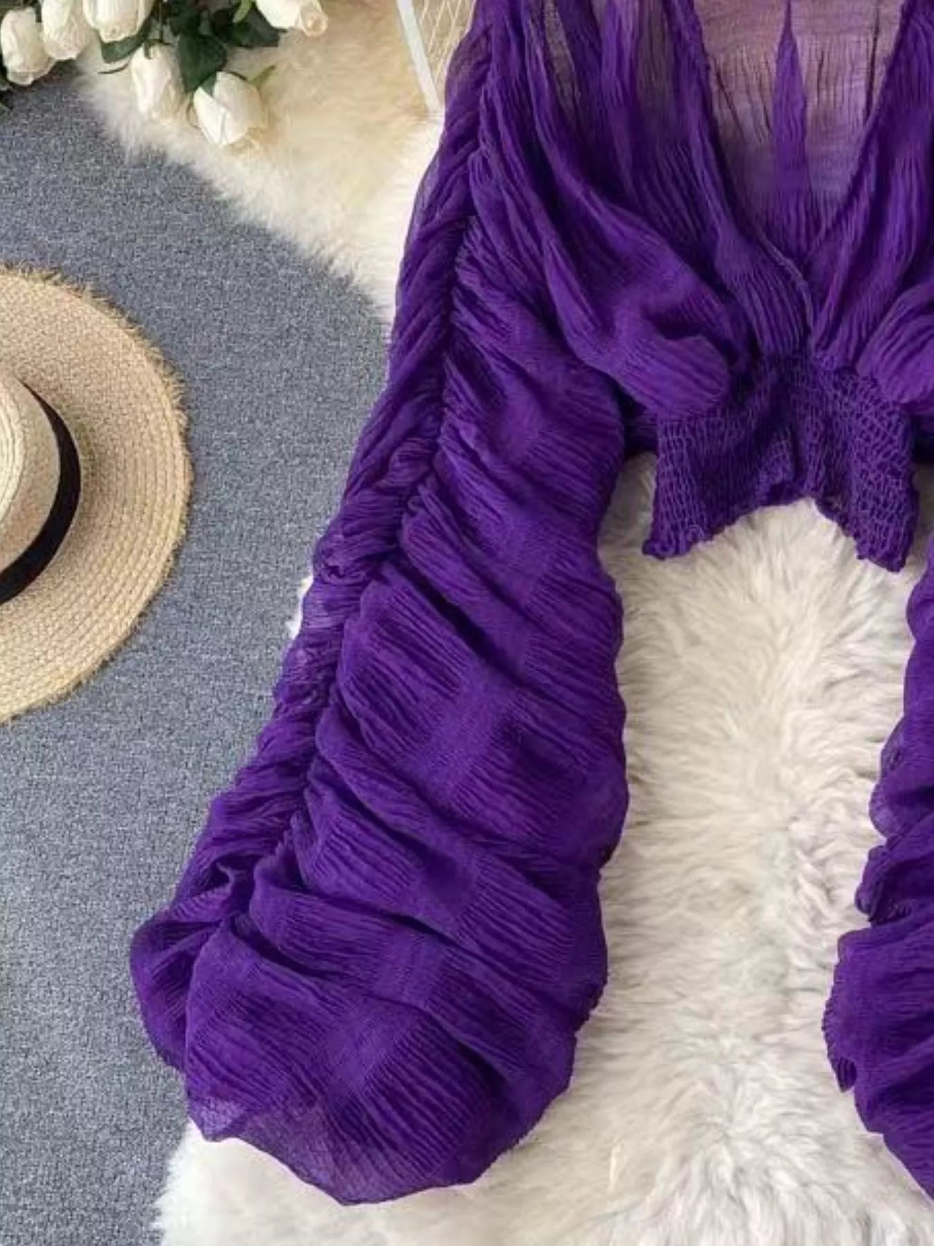 Purple Long Sleeve Smocked Ruched Blouse with V-Neck