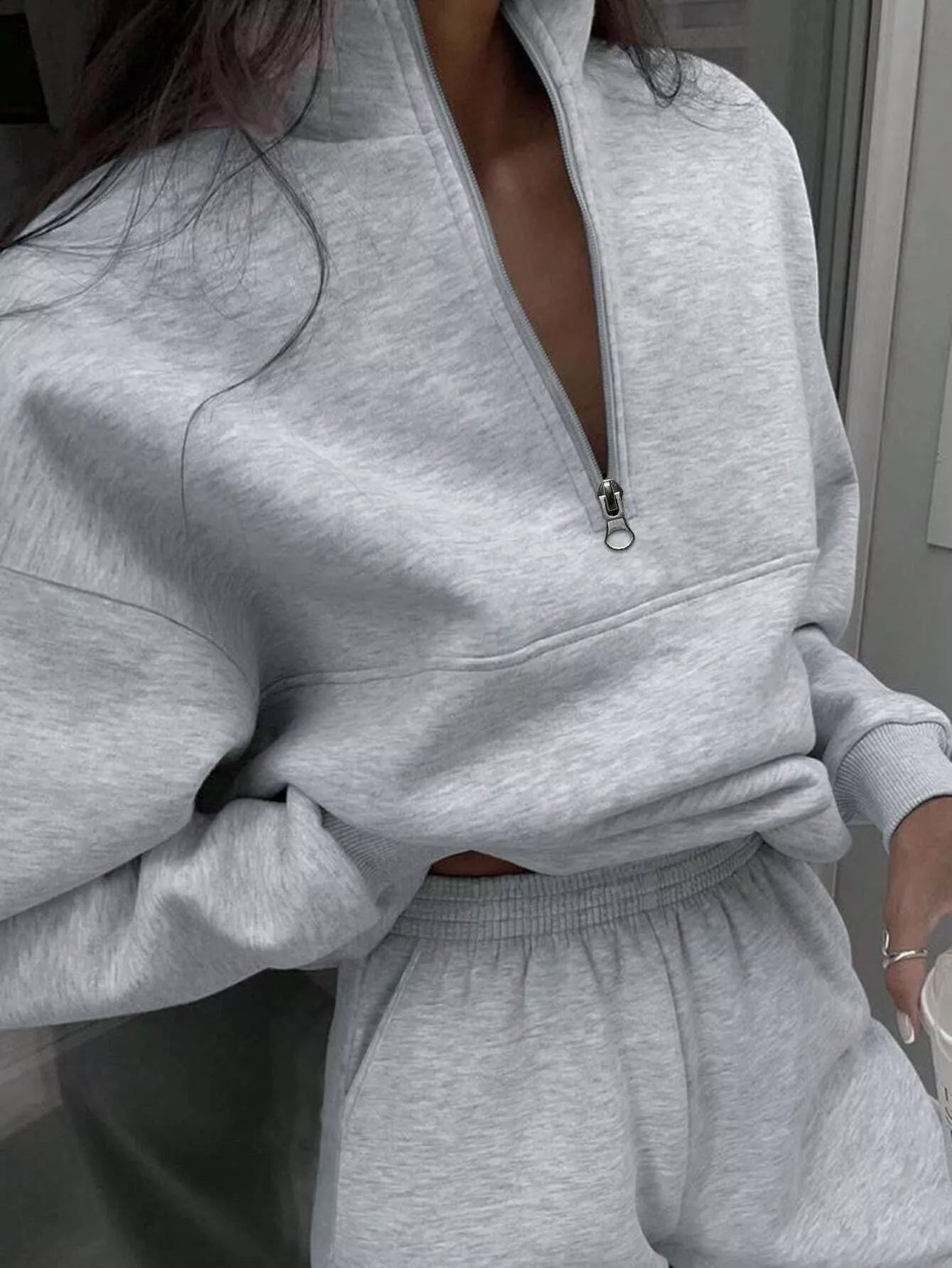 Women's Half Zip Sweatshirt & Pants Set - Grey Knit