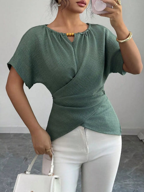 Beaded Neckline Short Sleeve Blouse