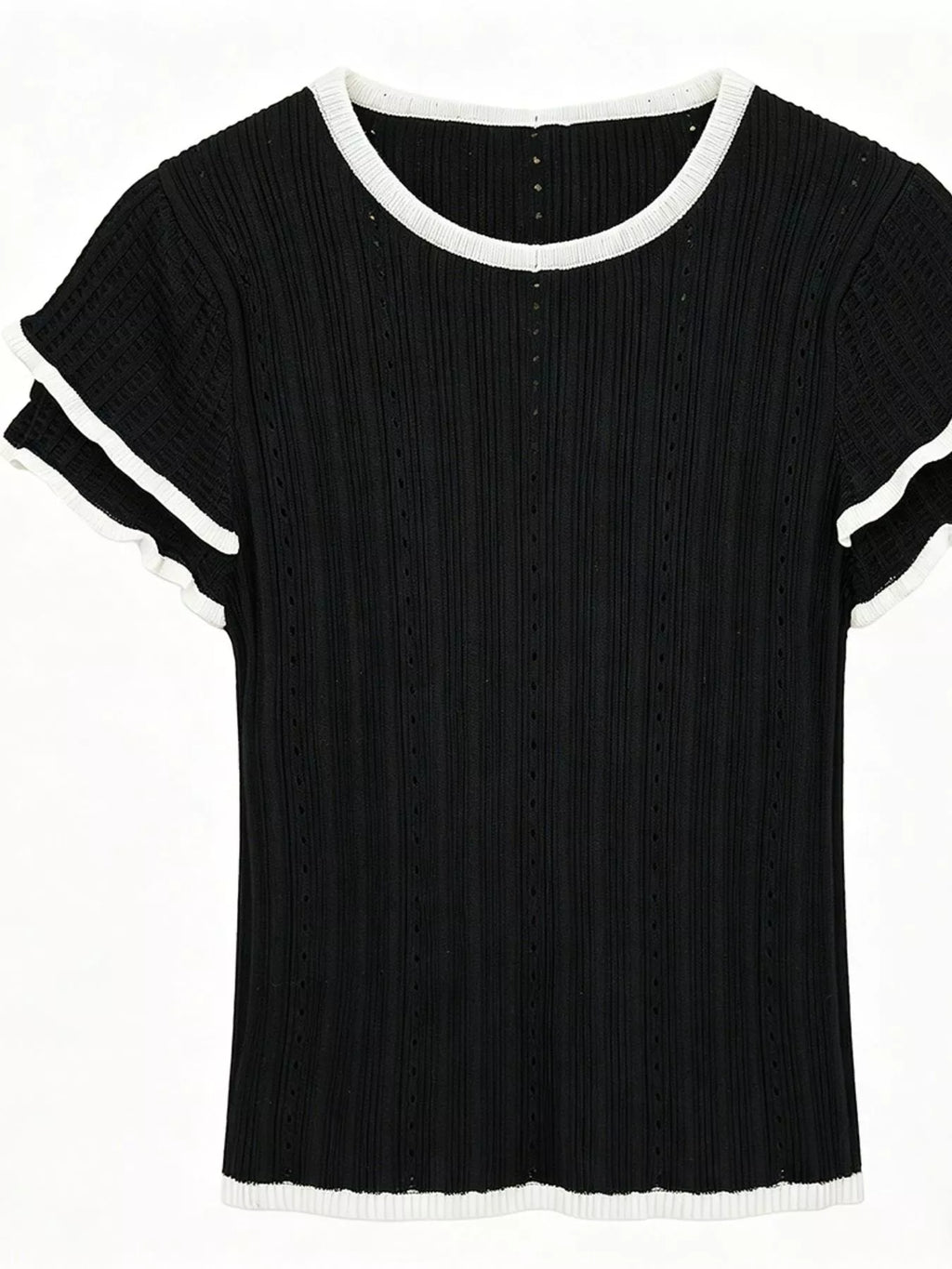 Pink Ribbed Knit Peter Pan Collar Crop Top with Frill Sleeves