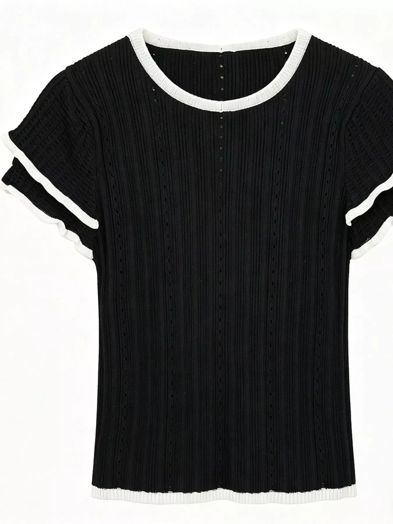 Pink Ribbed Knit Peter Pan Collar Crop Top with Frill Sleeves