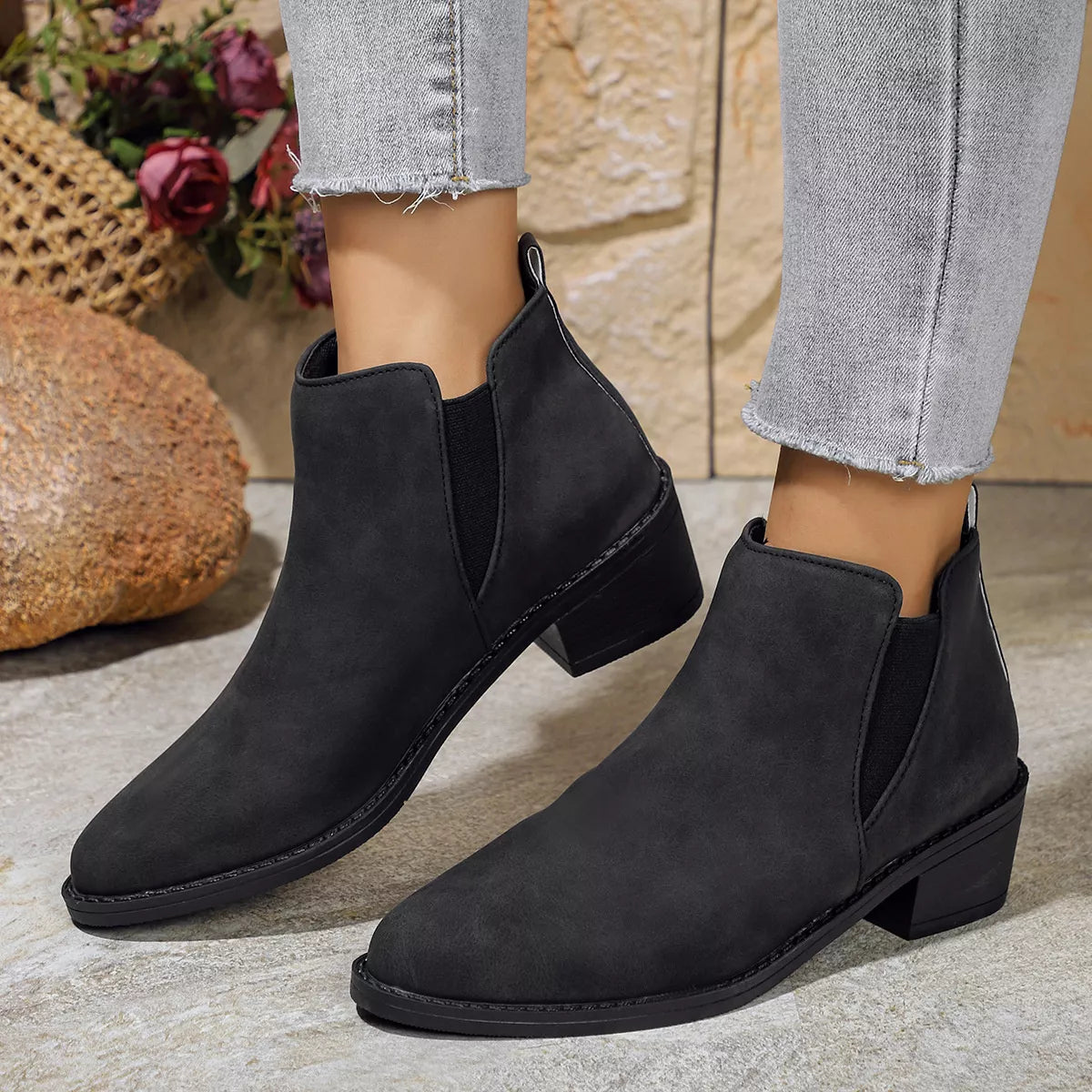 Women's Black Point Toe Mid Block Heel Ankle Boots