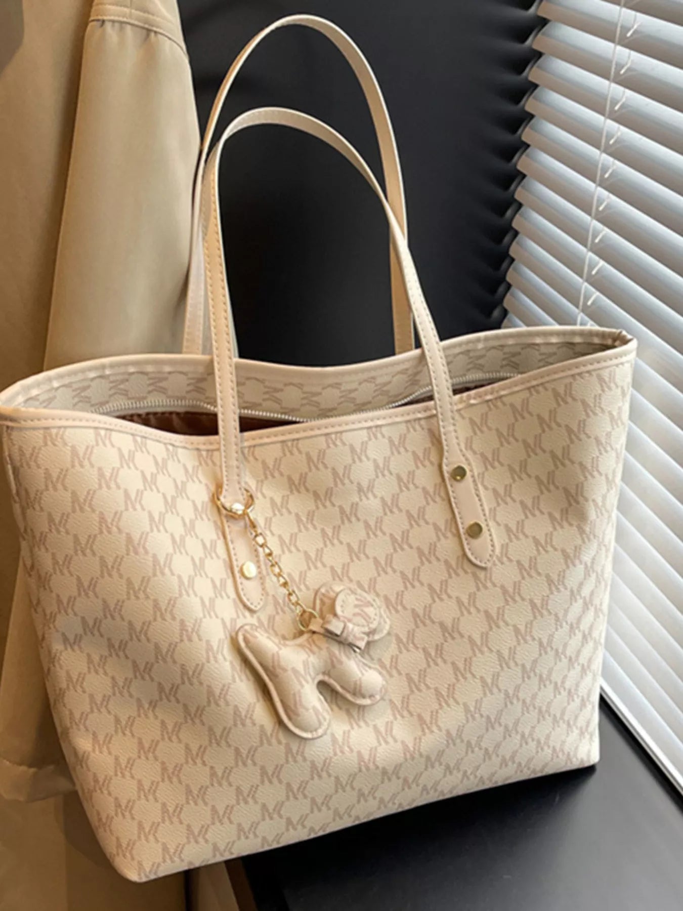 Beige Patterned Large Capacity Tote Bag PU Leather Shoulder Bag