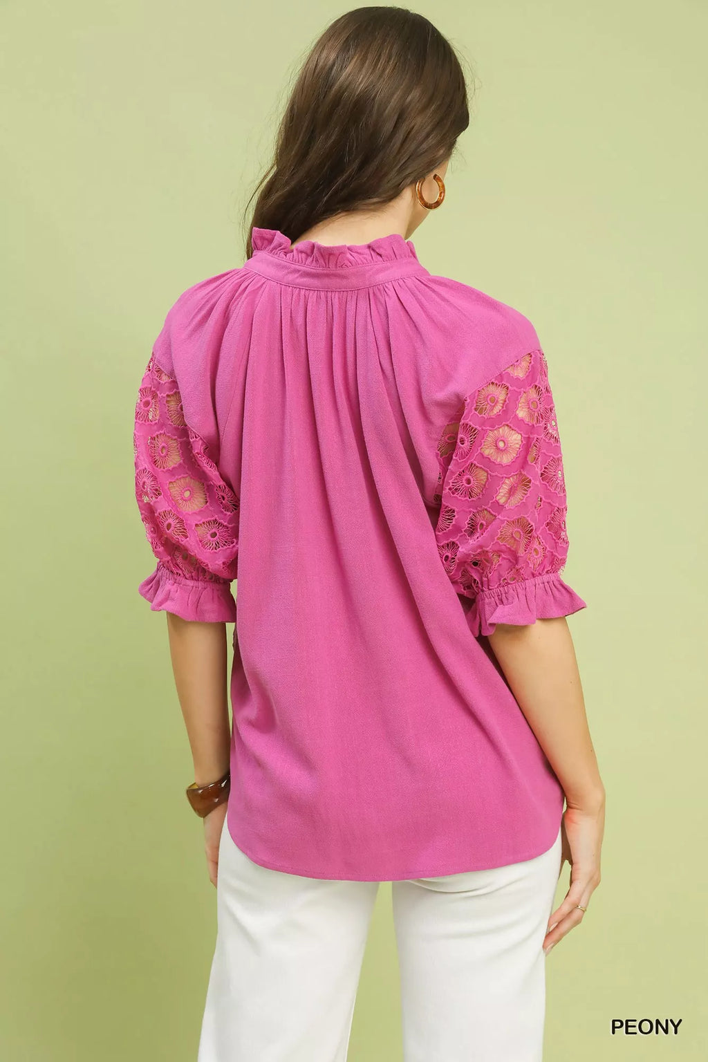Peony V-Neck Lace Puff Sleeve Linen Blend Top