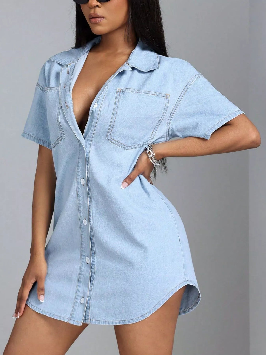 Light Wash Denim Button-Down Mini Shirt Dress with Pockets