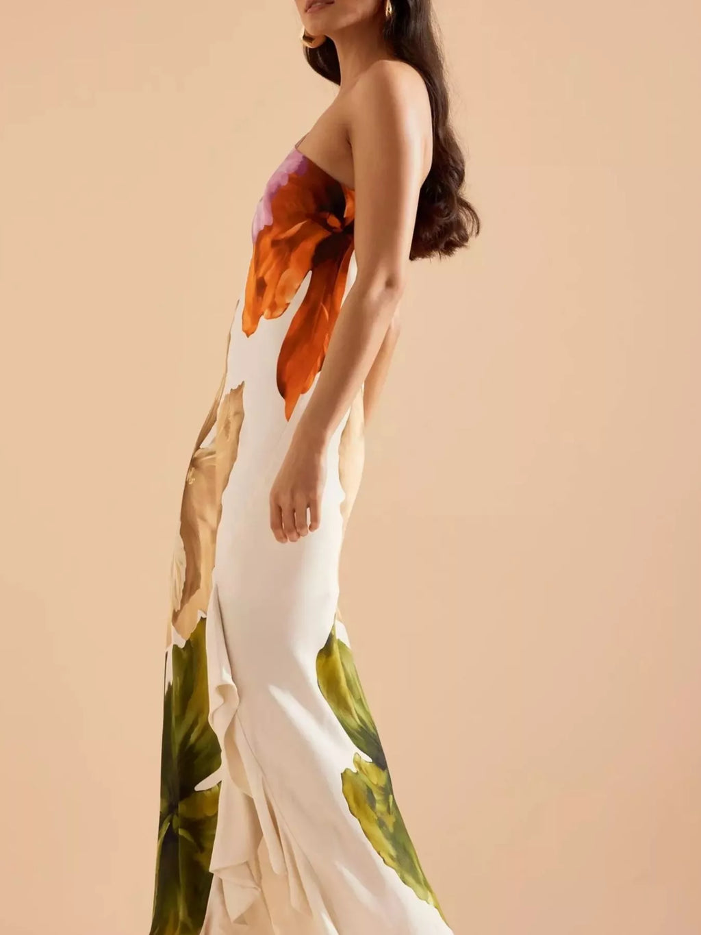 Floral Print One-Shoulder Ruffle Hem Maxi Dress in White Multi