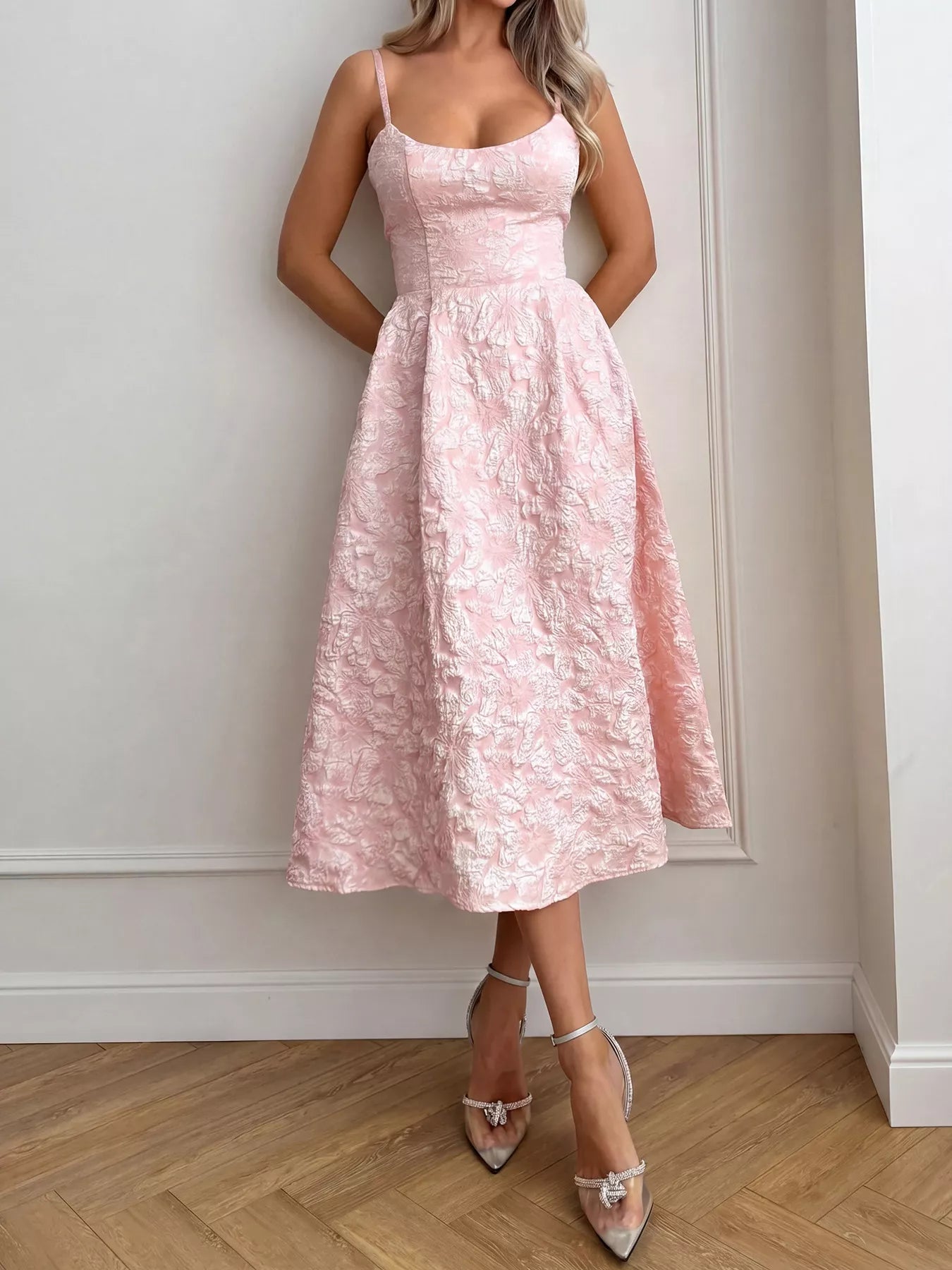 Pink Textured A-Line Midi Dress Sleeveless Formal Party