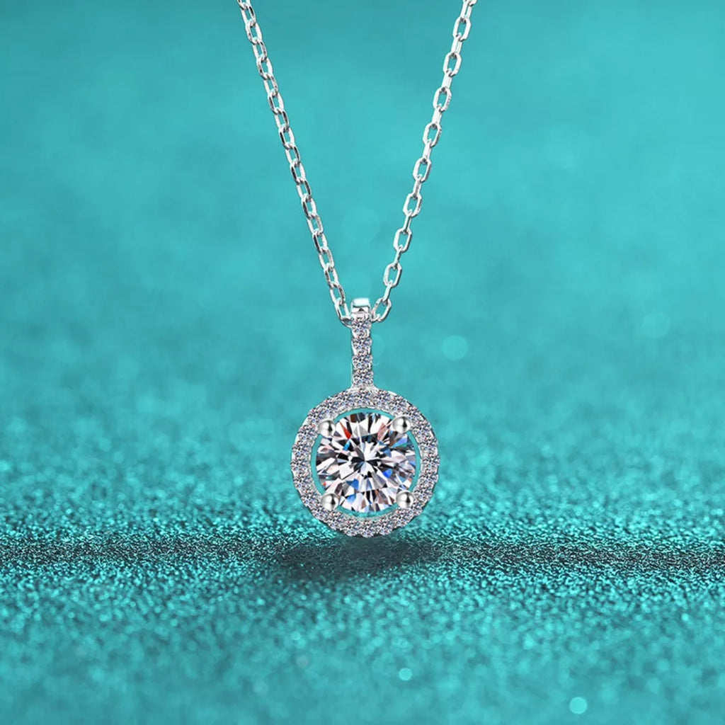 2 Carat Round Moissanite Halo Pendant Necklace Sterling Silver