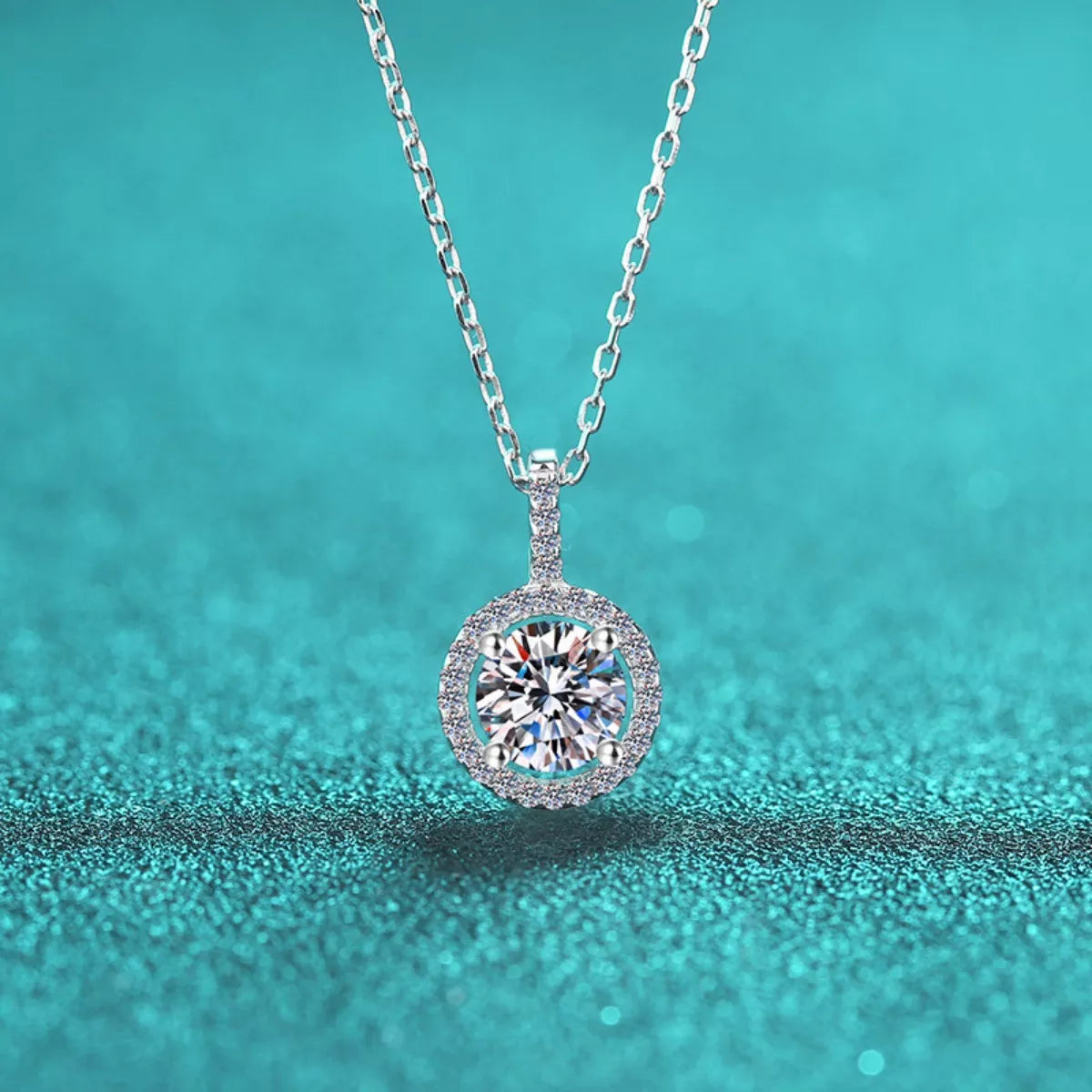 2 Carat Round Moissanite Halo Pendant Necklace Sterling Silver