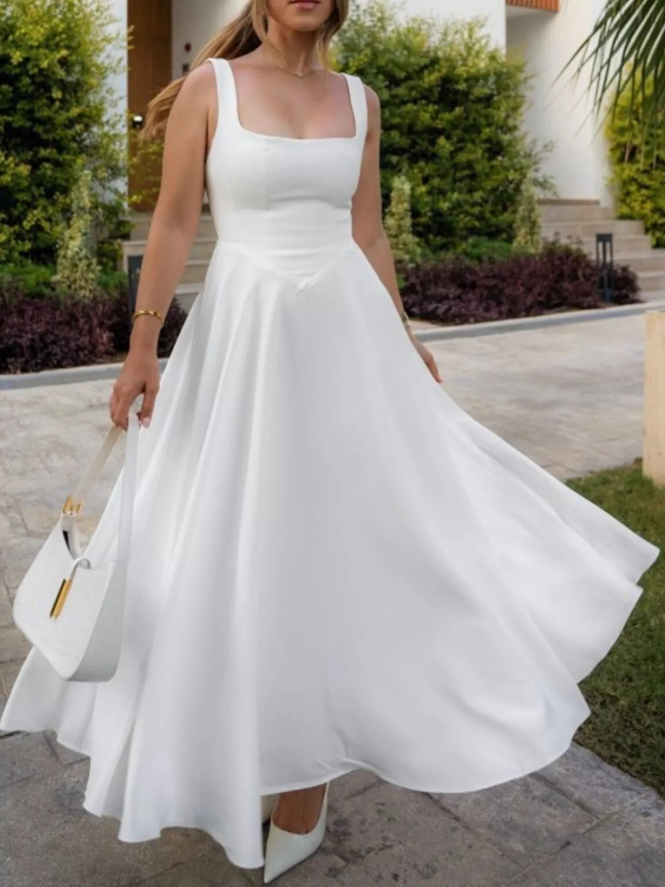 White Square Neck Wide Strap A-Line Midi Dress