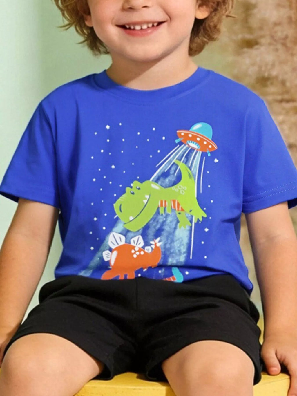 Boys Blue Short Sleeve Dinosaur and UFO Graphic Cotton T-Shirt