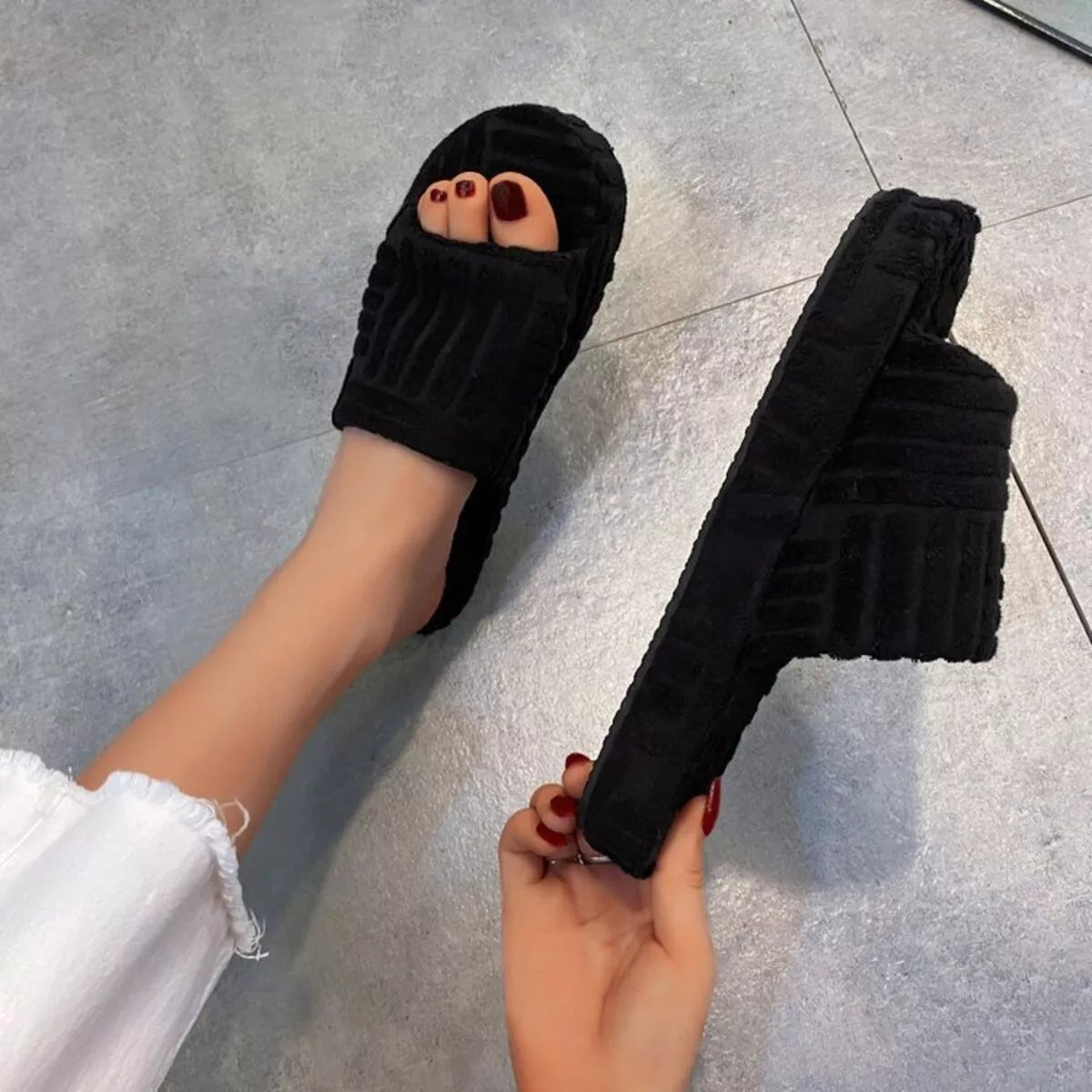 White Open Toe Platform Slippers Textured Slide Sandals